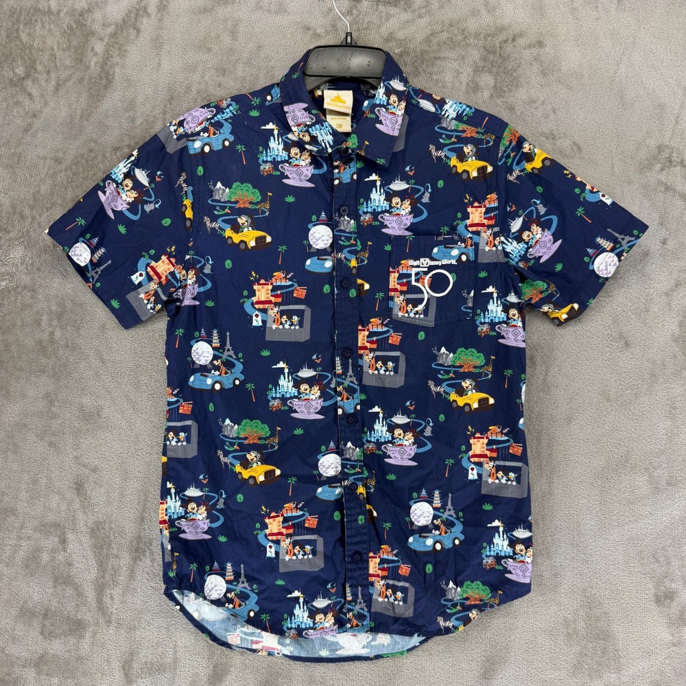 Disney World 50th Anniversary Mens Small Navy Blue All Over Print Button Shirt
